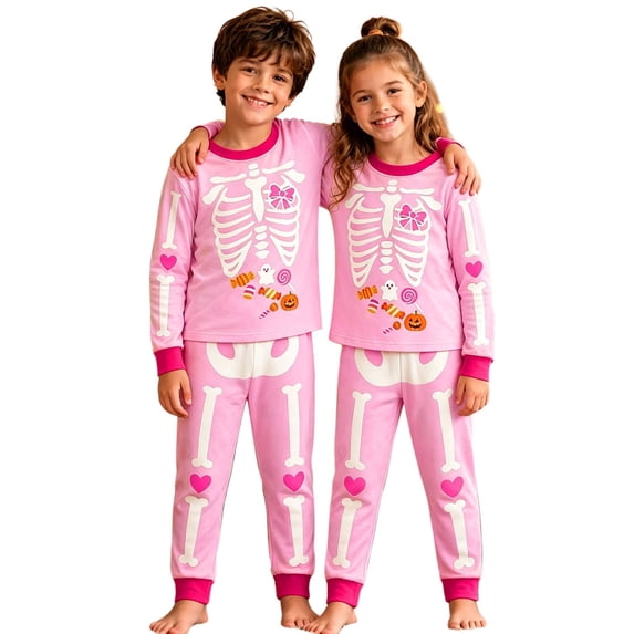 WOYY Girls Halloween Pajama Set Candy Skeleton Print Long Sleeve Sleepwear Set, Sizes 2-10