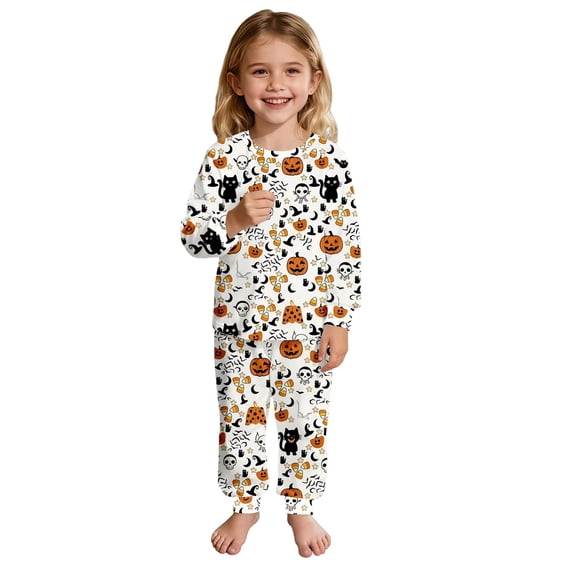 WOYY Girls Halloween Pajama Set Graphic Long Sleeve T Shirt Pants Loungewear, Sizes 2-10