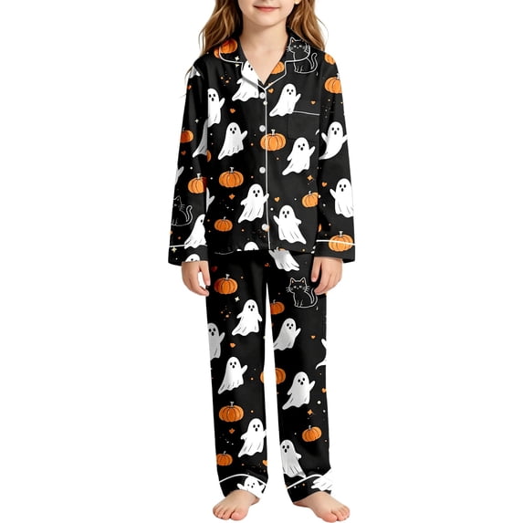 WOYY Girls Halloween Pajama Set Long Sleeve Button Down Shirt Pants Nightwear, Sizes 3-14
