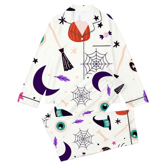 WOYY Girls Halloween Pajama Set Notch Collar Long Sleeve Shirt with Pants PJs, Sizes 3-14