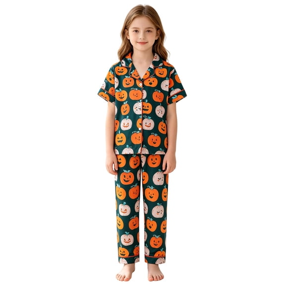 WOYY Girls Halloween Pajama Set Pumpkin Long Sleeve Top Pants Sleepwear PJs, Sizes 7-12