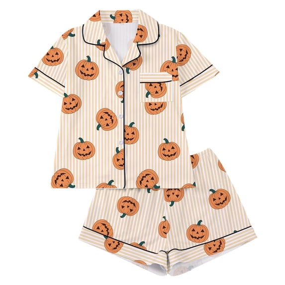 WOYY Girls Halloween Pajama Set Pumpkin Striped Short Sleeve Top Shorts PJs, Sizes 3-14