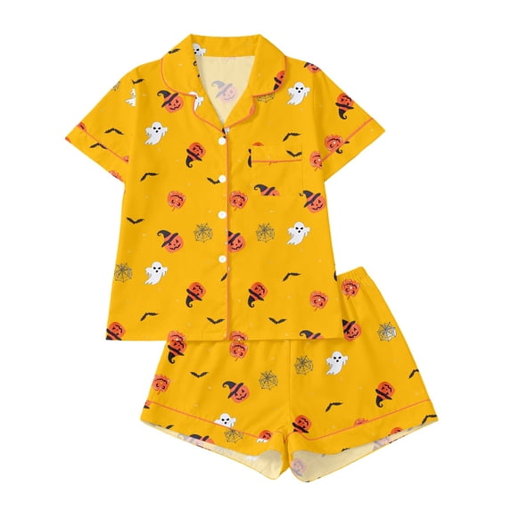 WOYY Girls Halloween Pajama Sets Short Sleeve Button Down Shirt Shorts Cute PJs, Sizes 3-14