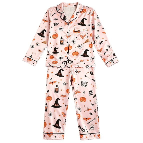 WOYY Girls Halloween Pajamas Long Sleeve Button Front Shirt Pants Sleepwear Set