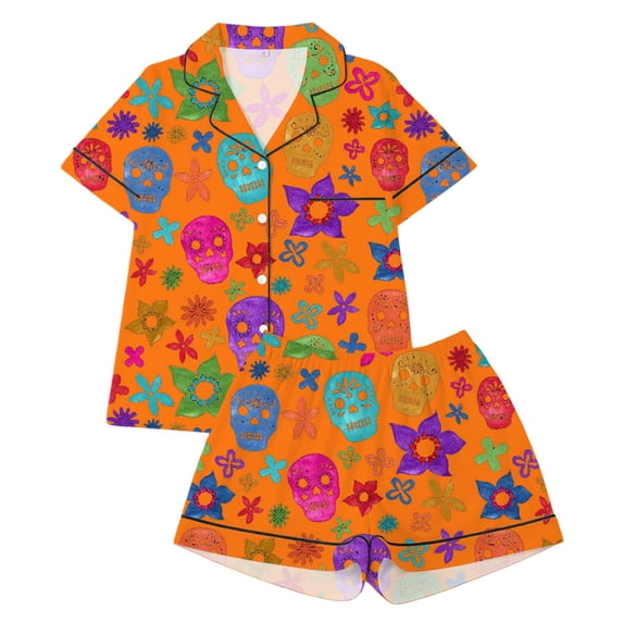 WOYY Girls Halloween Pajamas Notch Collar Short Sleeve Top Shorts Loungewear, Sizes 1-14