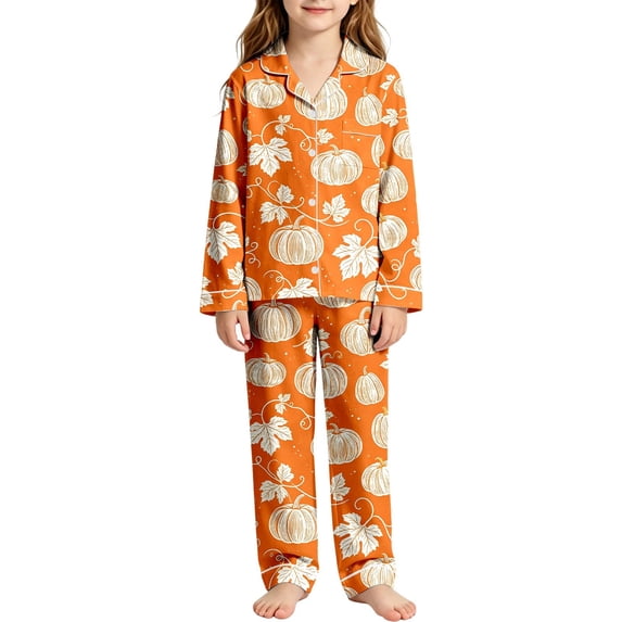 WOYY Girls Halloween Pajamas Pumpkin Print Button Down Long Sleeve Top Pants, Sizes 3-14