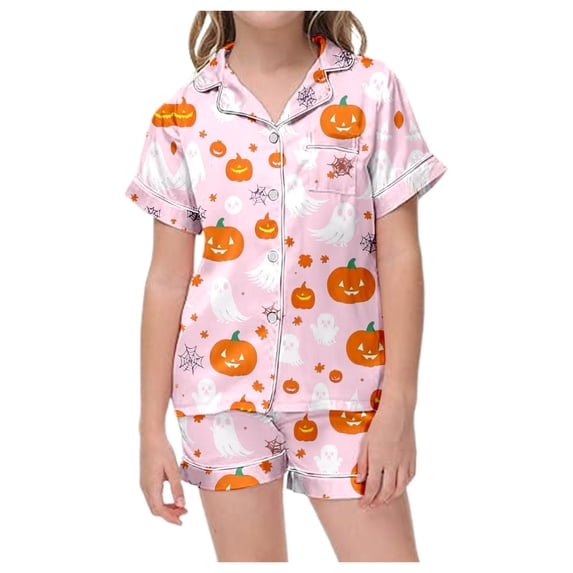 WOYY Girls Halloween Pajamas Short Sleeve Button Front Shirt Shorts PJ Set, Sizes 1-14