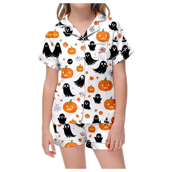 WOYY Girls Halloween Pajamas Short Sleeve Button Front Shirt Shorts PJ Set, Sizes 1-14