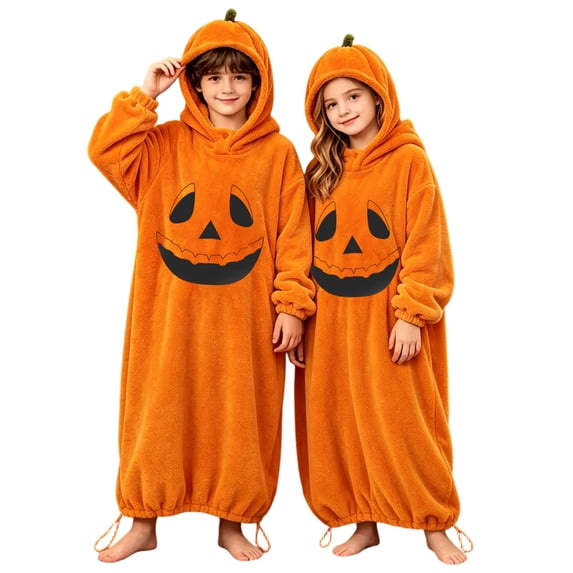 WOYY Girls Halloween Pumpkin Sleepwear Onesie Cozy Flannel Hooded Jumpsuit Pajama Romper, Sizes 5-15