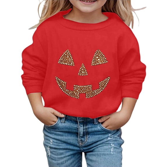 WOYY Girls Halloween Pumpkin Sweatshirt Casual Active Lined Pullover Top, Size 2-14