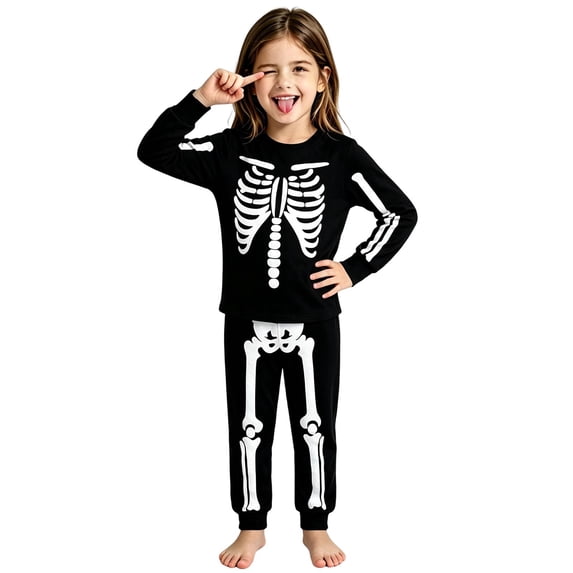 WOYY Girls Halloween Skeleton Pajamas Loungewear Long Sleeve Top with Pants, Sizes 2-10