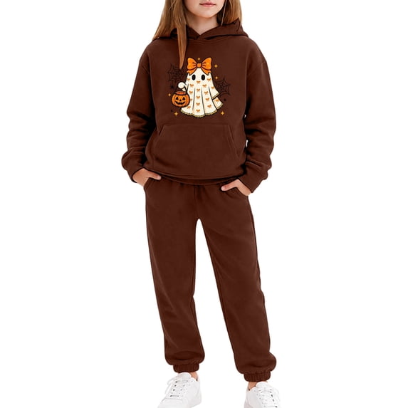 WOYY Girls Halloween Sweatsuit Cute Graphic Long Sleeve Hoodie Sweatpants Set, Size 2-13