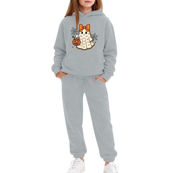 WOYY Girls Halloween Sweatsuit Cute Graphic Long Sleeve Hoodie Sweatpants Set, Size 2-13