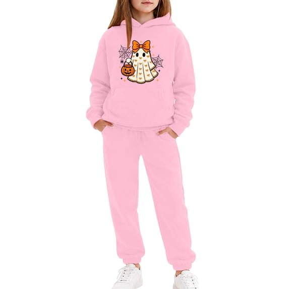 WOYY Girls Halloween Sweatsuit Cute Graphic Long Sleeve Hoodie Sweatpants Set, Size 2-13