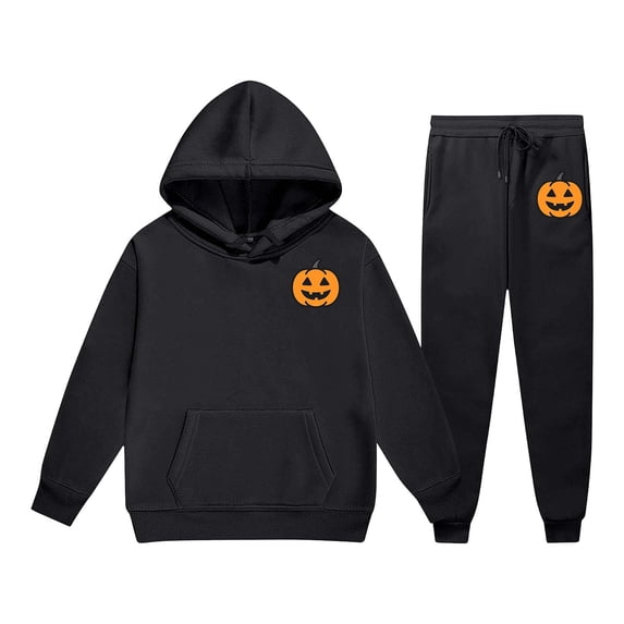 WOYY Girls Halloween Sweatsuits Pumpkin Print Hoodie Sweatpants Outfits, Size 2-13