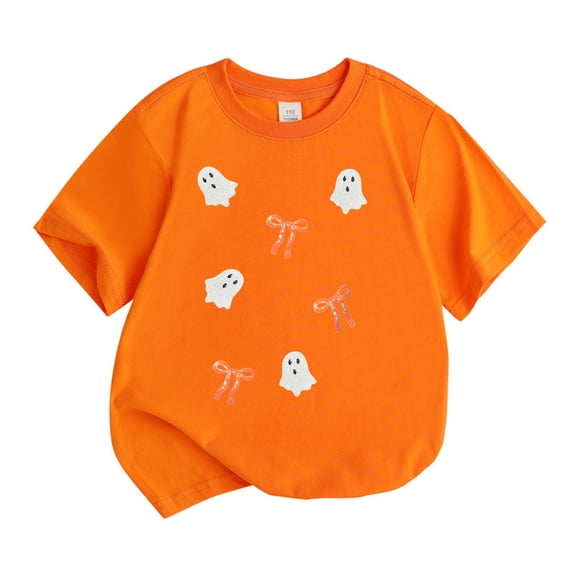 WOYY Girls Halloween T Shirt Cute Ghost Print Short Sleeve T-Shirt Tee, Orange, Sizes 3-13