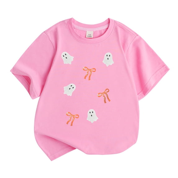 WOYY Girls Halloween T Shirt Cute Ghost Print Short Sleeve T-Shirt Tee, Pink, Sizes 3-13