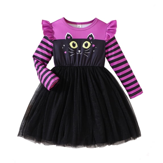 WOYY Girls Halloween Tutu Dress Cute Black Cat Ruffle Long Sleeve Dress, Purple, Sizes 3-7