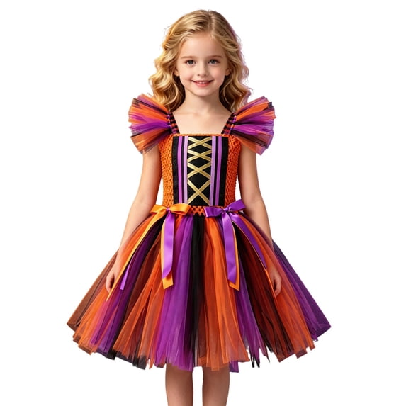 WOYY Girls Halloween Tutu Dress Kids Dress Up Party Performance Tulle Witch Dress, Orange