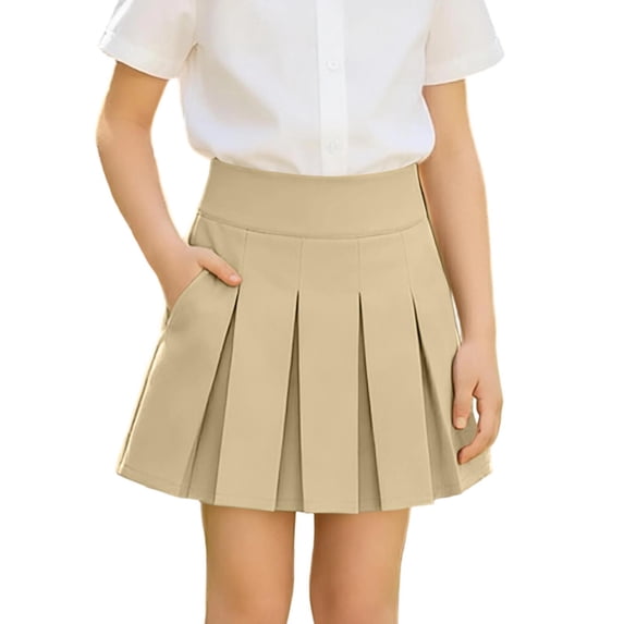 WOYY Girls' High Waist Pleated Uniform Skirts Casual Stretch Skirt with Pockets, Khaki, Sizes 5-14