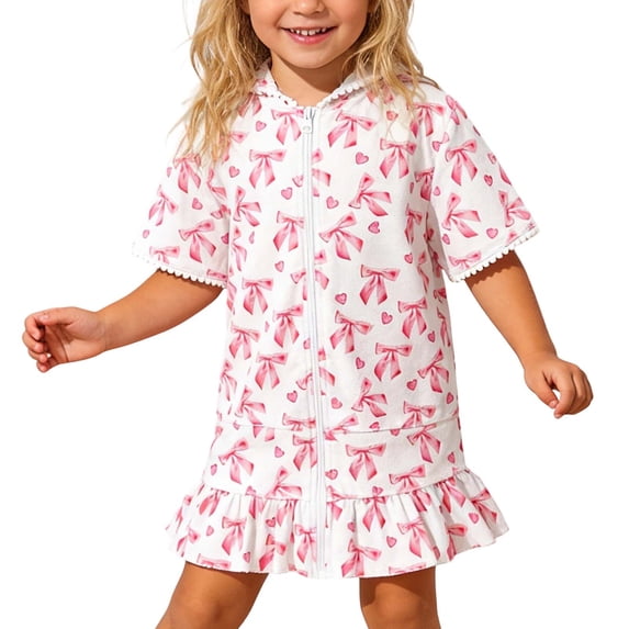 WOYY Girls Hooded Coverup Dress Bow Print Ruffle Short Sleeve Sleeve Rashguard, Sizes 2-8