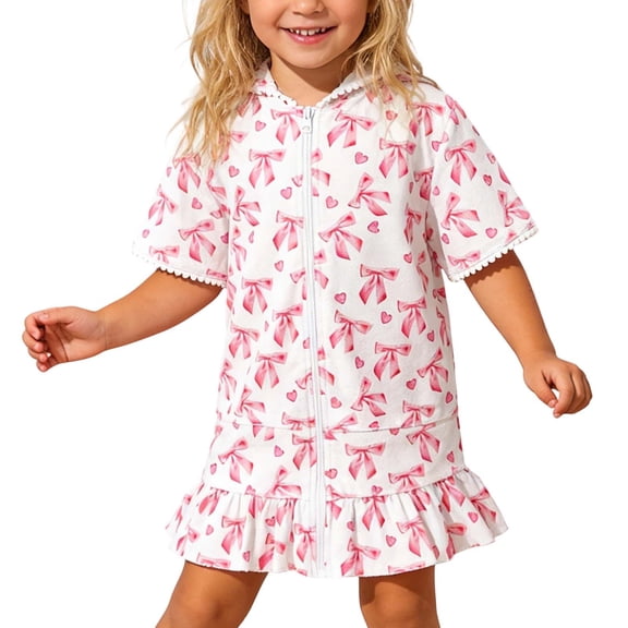 WOYY Girls Hooded Coverup Dress Bow Print Ruffle Short Sleeve Sleeve Rashguard, Sizes 2-8