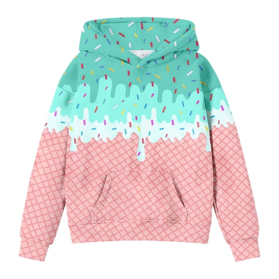 WOYY Girls Hoodie Ice-Cream Print Long Sleeve Hooded Sweatshirt Pullover Top, Sizes 2-12