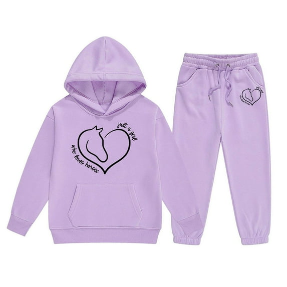 WOYY Girls Horse Graphic Hoodie and Sweatpants Outfits Active Sweatsuit Children's Clothes Sets, Sizes 2-13