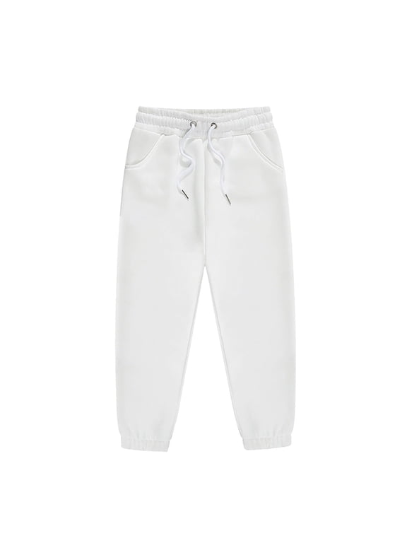 Girls' Joggers Elastic Waist Drawstring Sweatpants Unisex Active Pants, White, Sizes 2-13