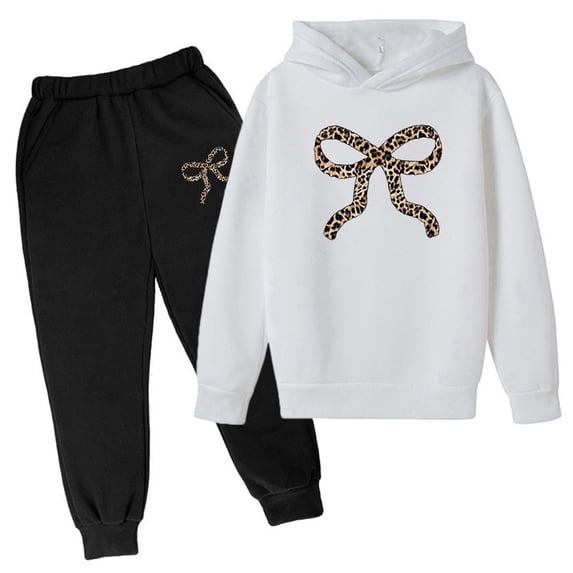 WOYY Girls Leopard Bow Graphic Hoodie Sweatpants Outfits Casual Sweat Suit Fashion Kids Clothes, Sizes 3-14