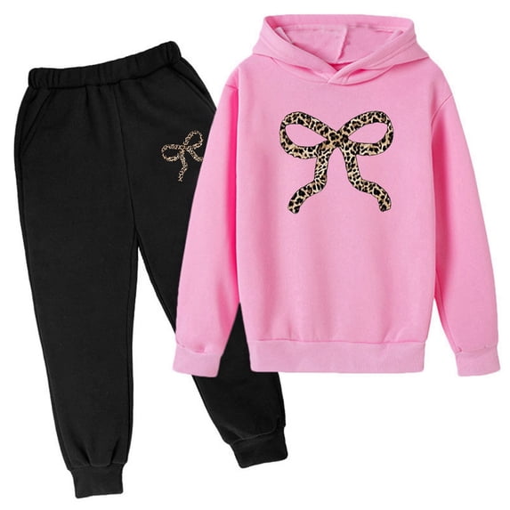 WOYY Girls Leopard Bow Graphic Hoodie Sweatpants Outfits Casual Sweat Suits, Sizes 3-14