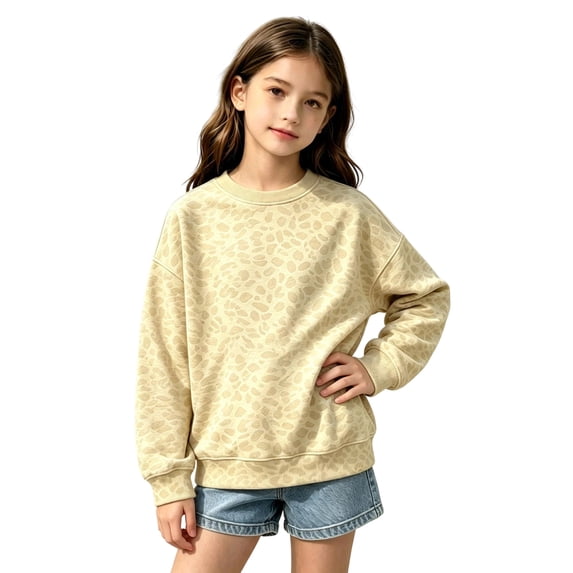WOYY Girls Leopard Print Sweatshirt Casual Crewneck Long Sleeve Pullover Top, Size 3-14