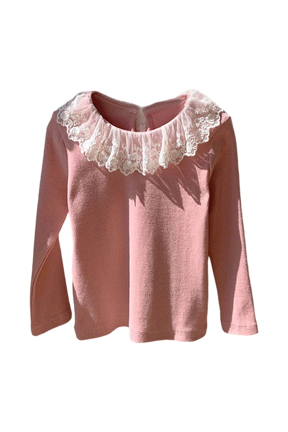 Girls Long Sleeve Blouse with Lace Trim Collar Cute Casual T-Shirt Base Layer Shirt