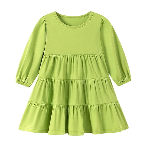 WOYY Girls Long Sleeve Fall Dress Kids Casual Tiered A Line Midi Dresses, Green, Sizes 2-8