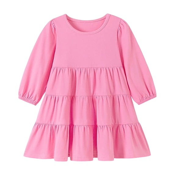 WOYY Girls Long Sleeve Fall Dress Kids Casual Tiered A Line Midi Dresses, Pink, Sizes 2-8