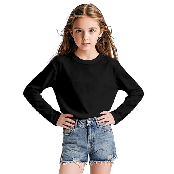 WOYY Girls Long Sleeve Mesh T-Shirt Casual Breathable Crewneck T Shirt Top, Black, Sizes 2-14