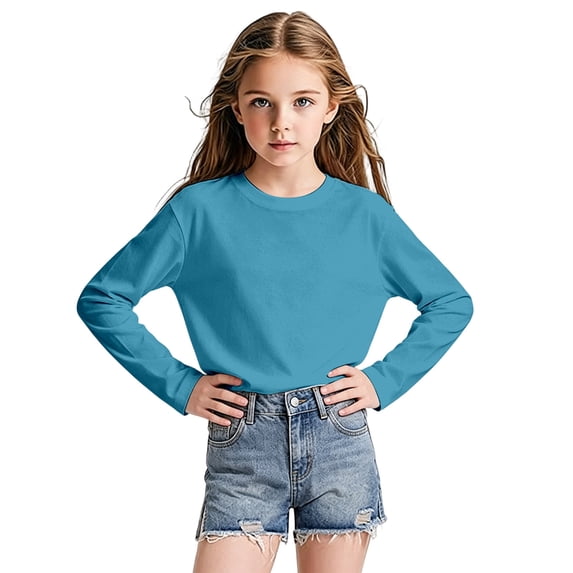 WOYY Girls Long Sleeve Mesh T-Shirt Casual Breathable Crewneck T Shirt Top, Blue, Sizes 2-14
