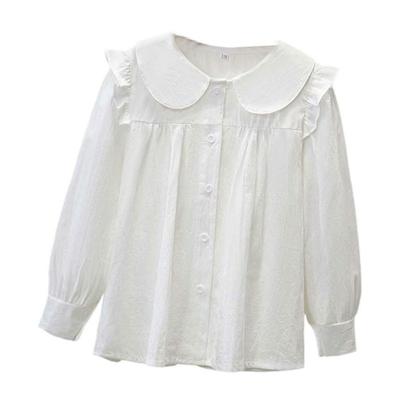WOYY Girls Long Sleeve Party Blouse Elegant Ruffled Button Down Shirt, White, Sizes 3-16
