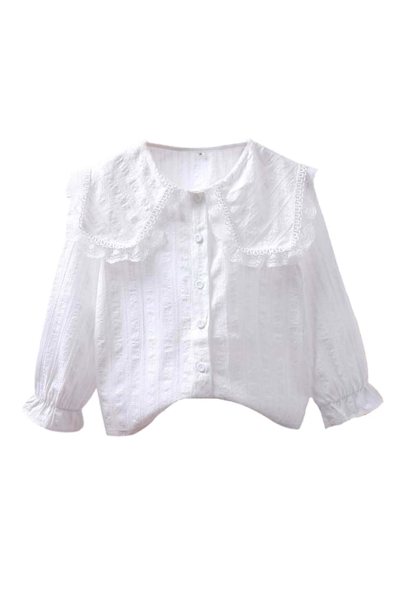 Girls Long Sleeve Party Blouse Elegant Ruffled Button Down Shirt, White, Sizes 3-16