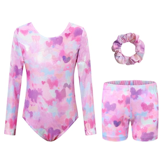 WOYY Girls Long Sleeve Performance Leotard Matching Shorts Hair Scrunchie Outfits for Dance Gymnastics Stage Fashion Kids Clothes, Sizes 8-9