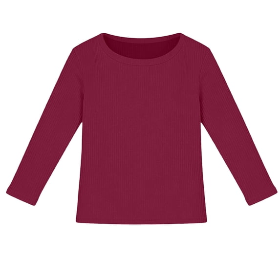 WOYY Girls Long Sleeve Ribbed Stretch T-Shirt Solid Slim Fit Casual Basic Tee, Sizes 7-16