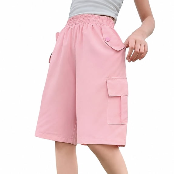 WOYY Girls Loose Fit Cargo Shorts High Waist Knee-Length Sports Shorts, Sizes 4-15, Pink