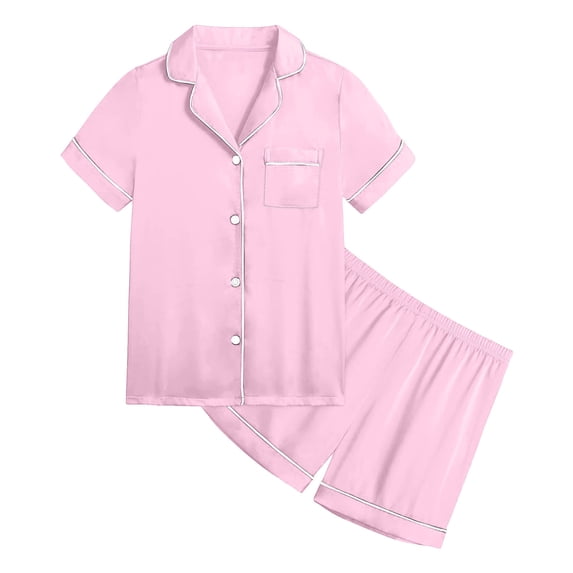 WOYY Girls Loungewear Pajamas Short Sleeve Button Down Shirt Shorts Sleepwear, Sizes 2-13