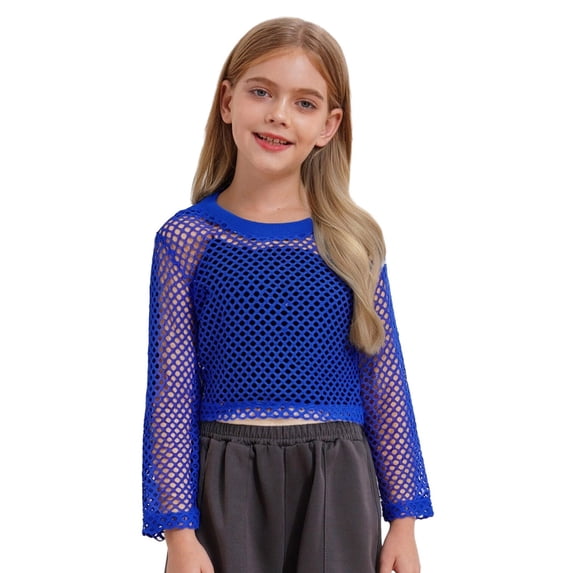 WOYY Girls Mesh Hollow Out Long Sleeve Blouse Fashion Fishnet Cropped T-Shirt, Sizes 5-16