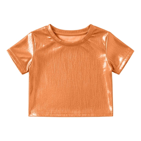 WOYY Girls Metallic Dance Performance T-Shirt Stretch Short Sleeve Crop Top, Sizes 3-12
