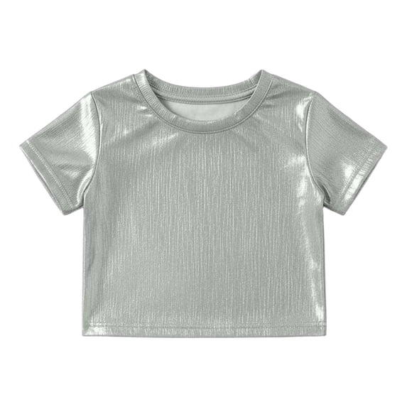 WOYY Girls Metallic Dance Performance T-Shirt Stretch Short Sleeve Crop Top, Sizes 3-12