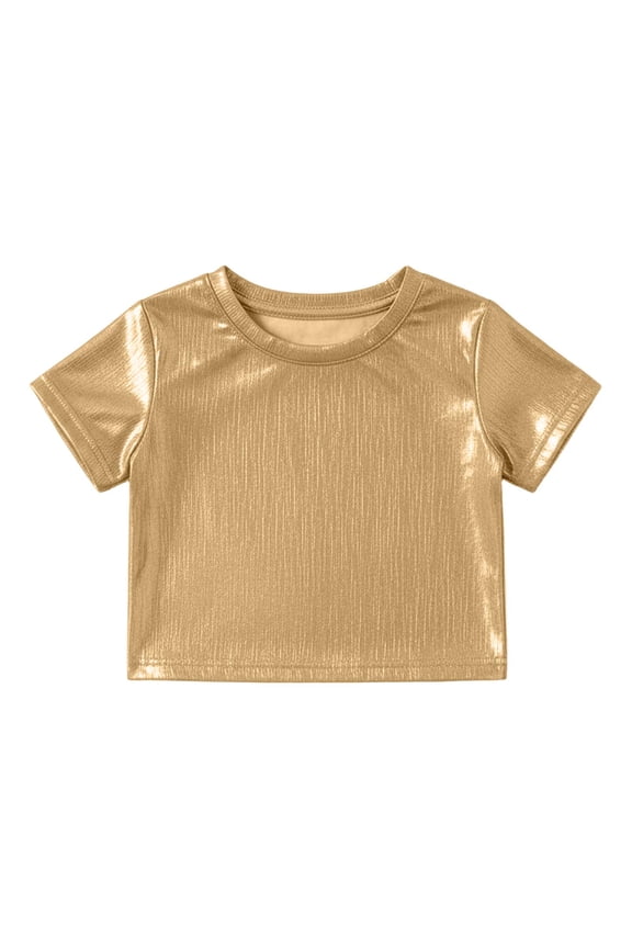 Girls Metallic Dance Performance T-Shirt Stretch Short Sleeve Crop Top, Sizes 3-12