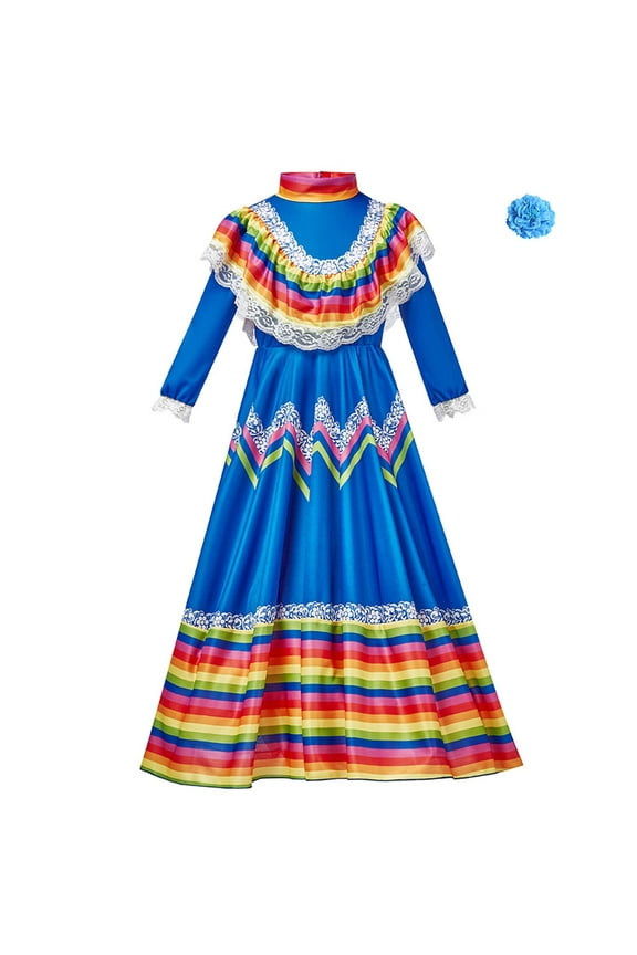 Girls Mexican Traditional Dress Lace Ruffle Long Sleeve Maxi Dress Fashion Kids Clothes, Sizes 6-8
