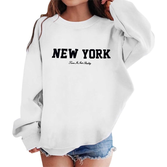 WOYY Girls New York Print Sweatshirt Casual Preppy Loose Crewneck Pullover Top, White, Sizes 3-10