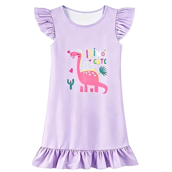 WOYY Girls Nightgown Cute Dinosaur Ruffle Sleeve Sleep Dress Soft Nightdress, Sizes 3-10